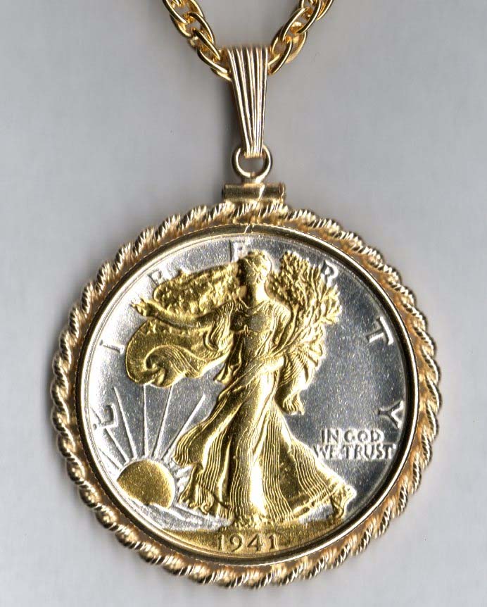 Gold on Silver Walking Liberty Half Dollar (Obv) Necklace