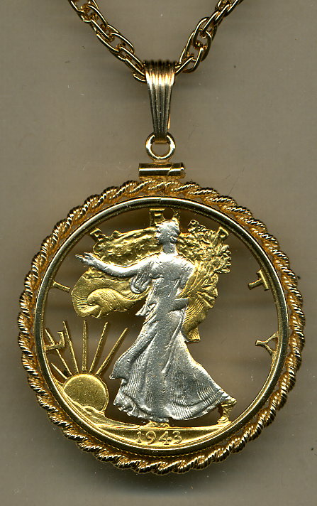 Gold on Silver Walking Liberty Half Dollar (Obv) Cut Coin Necklace